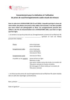 Consentement pour la réalisation et l'utilisation de prises de vue/d'enregistrements audio-visuels de mineurs
